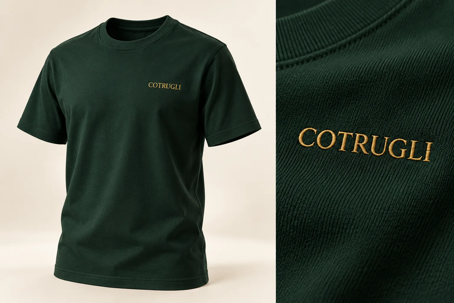 Design concept: forest-green COTRUGLI crewneck with a small gold wordmark on the left chest, alongside an embroidery close-up.