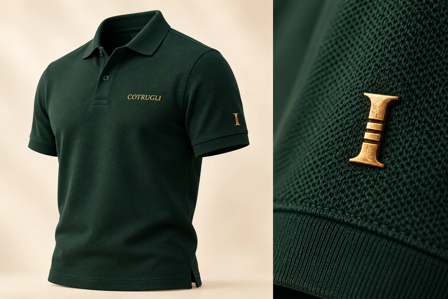 Design concept: forest-green COTRUGLI polo with a small chest logo and a gold metal I-shaped insignia on the outer sleeve, shown in close-up.